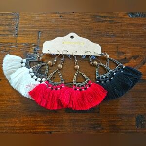 BRAND NEW Amazon 3 Boho Tassle Pairs of Earrings Red Beige & Black